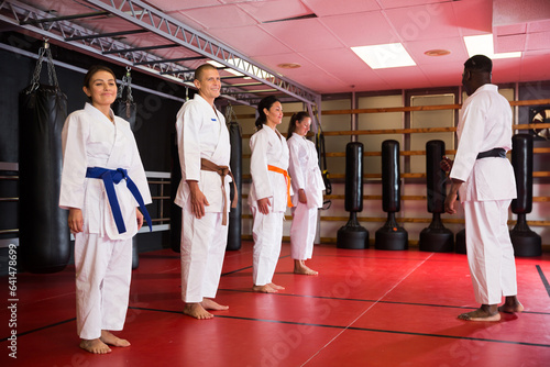 Group of adult people in kimono standing in front of their trainer during karate training in gym.