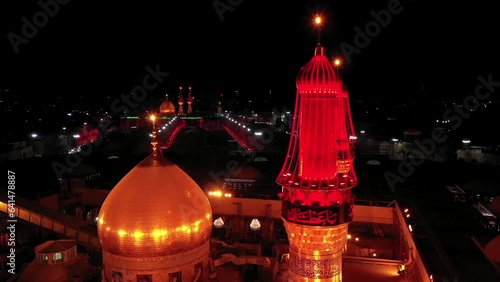 Imam Husayn and Al-Abbas ShrinA night shot by a drone of Shiite visitors and pilgrims at the mosque and shrine of Imam Hussein and Abbas in Karbala, Iraqe