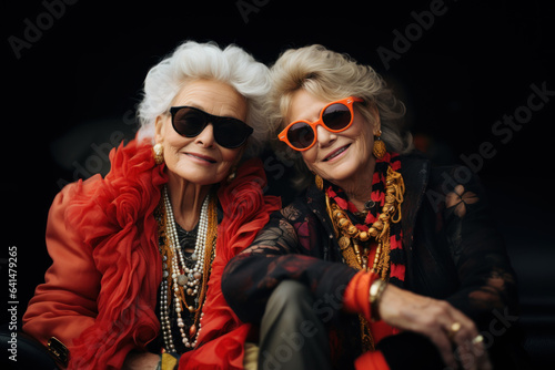 two beautiful fashionable older women in sunglasses