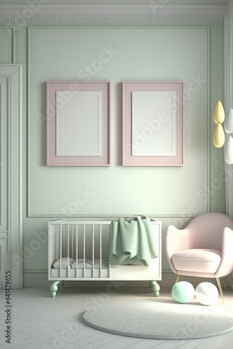 Designer Nursery Room in Soothing Pastel Colors with Two Empty Walls