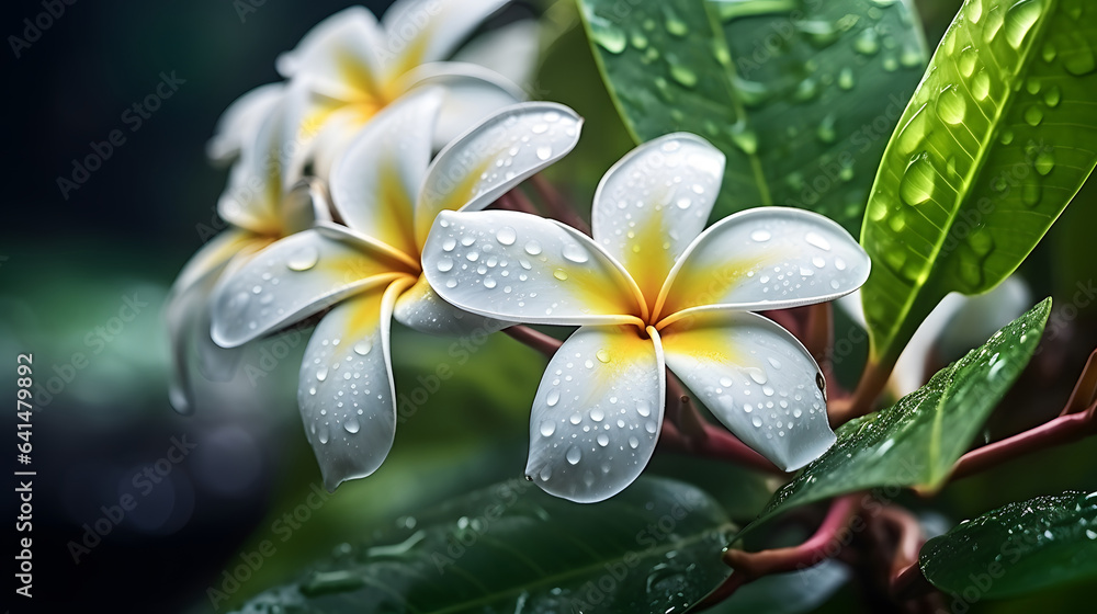 Fototapeta premium frangipani flower on blurred greenery tree background