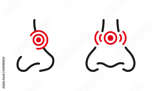 Human Nasal Problem. Runny Nose, Congestion Outline Pictogram Set. Allergy, Cold, Rhinitis Line Icons. Inflammation, Nasal Sick, Pain Symbol Collection. Isolated Vector Illustration