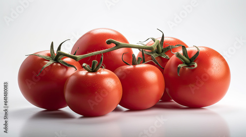 Tomatoes pile on white background. Cherry tomatoes with basil isolated on white