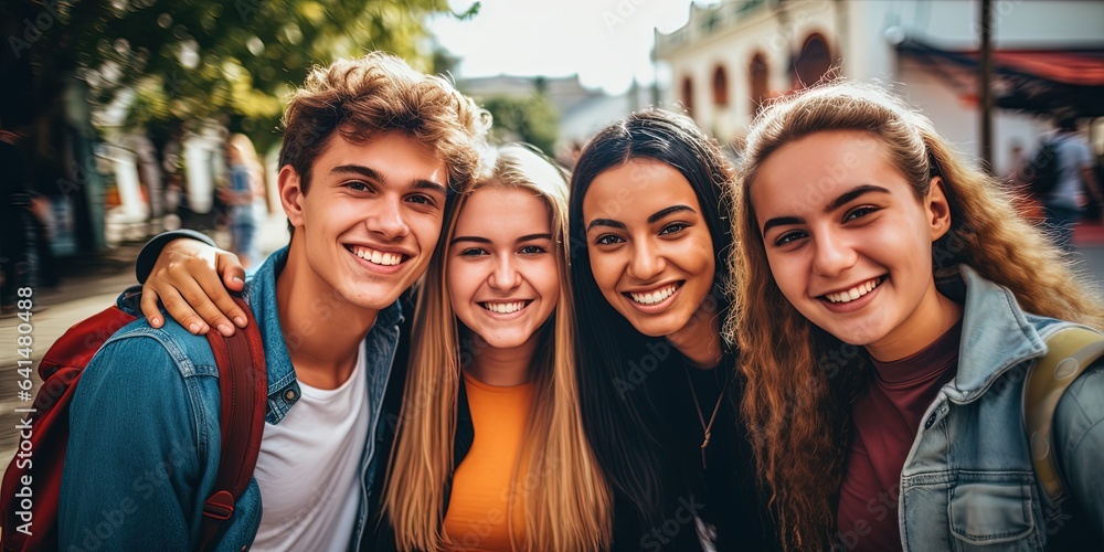 Sunny Smiles  Young People Embracing Diversity and Friendship Outdoors, Generative AI