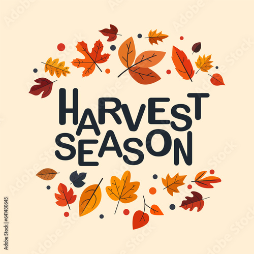 Harvest Season fest Poster Design. Vector illustration. Autumn harvest festival poster with autumn leaves and floral elements in fall colors for printed,flyers,banners,invitations,promotions and more.