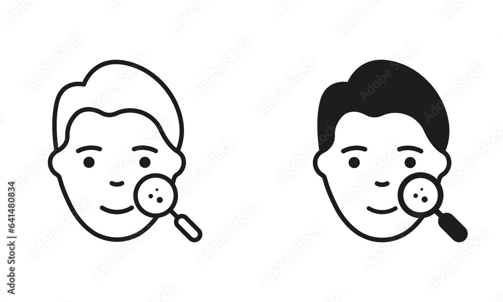 Dermatology Examination of Man Skin Line and Silhouette Icon Set. Facial Skin Care Symbol Collection. Checkup of Boy Skin Face with Magnifier Pictogram. Skincare Sign. Isolated Vector Illustration Dermatology Examination of Man Skin Line and Silhouette Icon Set. Facial Skin Care Symbol Collection. Checkup of Boy Skin Face with Magnifier Pictogram. Skincare Sign. Isolated Vector Illustration