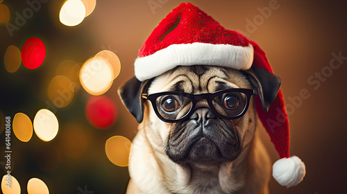 Süßer Mops-Hund mit Brille und Weihnachtsmütze. © Fotosphaere
