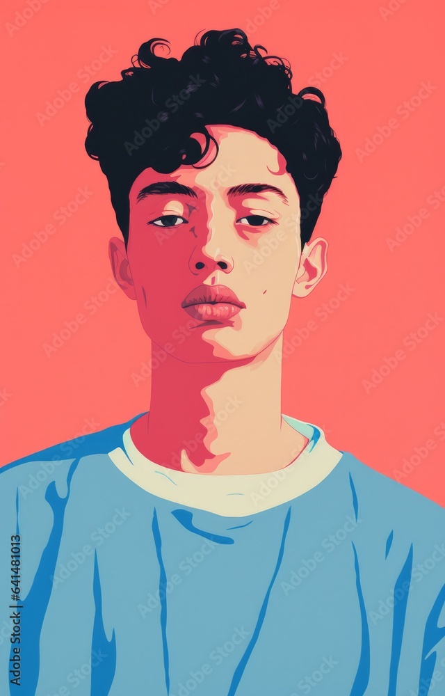 Obraz premium Black hair dude, risograph screenprint style illustration with trendy colors
