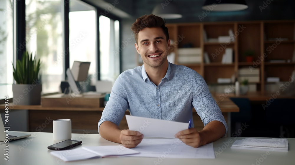 Fototapeta premium Portrait of a young businessman in a shirt, looking into the camera with a smile on his face and crossed hands