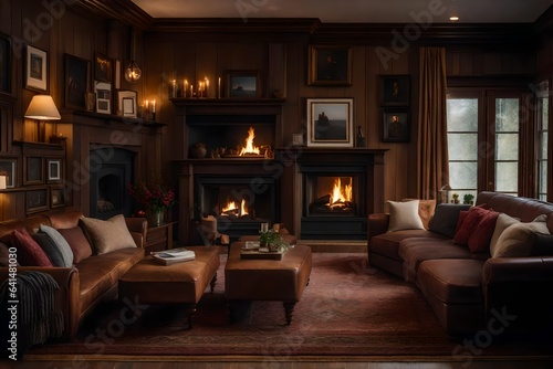 A cozy fireplace corner with overstuffed sofas, soft blankets, and a gallery of family photos on the walls