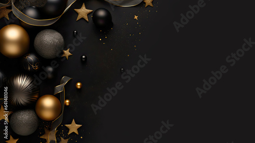 Weihnachtsdekoration mit verschiedenen Christbaumkugeln, Sternen und Geschenkband auf schwarzem Hintergrund mit Textfreiraum.