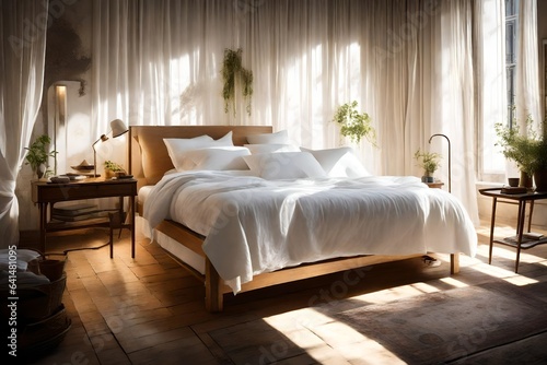 A softly lit bedroom bathed in morning light, where white curtains gently sway, casting delicate shadows on a neatly made bed