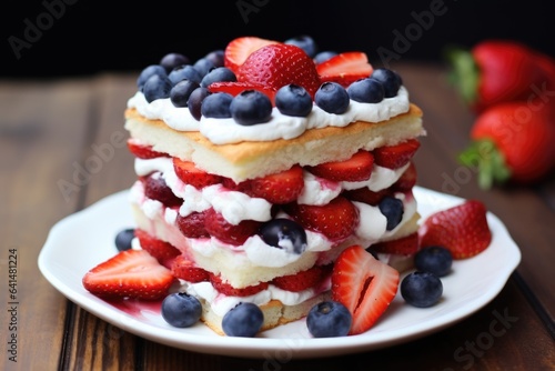 Red White and Blue strawberry layered shortcake for American Patriotic holiday. Close up. Generative AI.