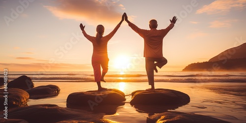 Sunset Yoga on the Beach with Senior Couple, Generative AI