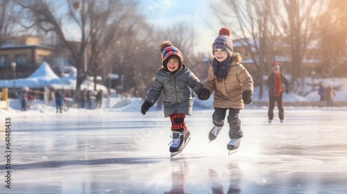 joy on the faces of children as they glide effortlessly across the ice on a frozen pond, enjoying a fun-filled afternoon of ice skating.
