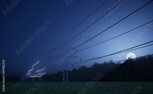 Steel power pylon with high voltage current flowing through cables over night sky horizon. Industrial equipment enabling distribution of electricity to households, 3d render animation