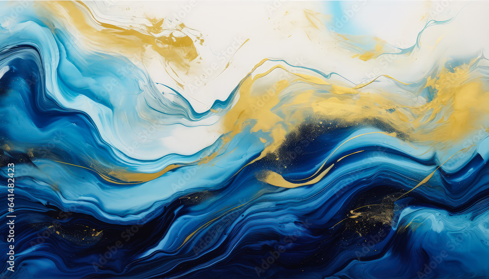 Abstract paint with blue and gold splashes, Liquid marble painting with gold highlights