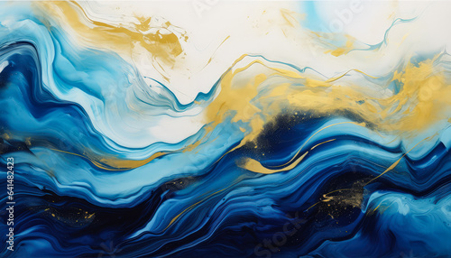 Abstract paint with blue and gold splashes, Liquid marble painting with gold highlights