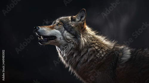 Close-up head shot of wolf with dark background generative ai