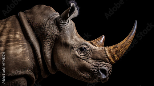 Close-up head shot of rhino with dark background generative ai