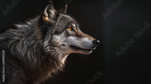 Close-up head shot of wolf with dark background generative ai