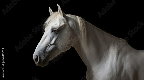 Close-up head shot of white horse with dark background generative ai