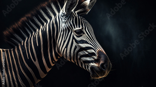 Close-up head shot of zebra with dark background generative ai