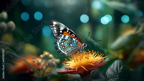 Butterfly closeup resting on a flower with natural background generative ai © TilluArt