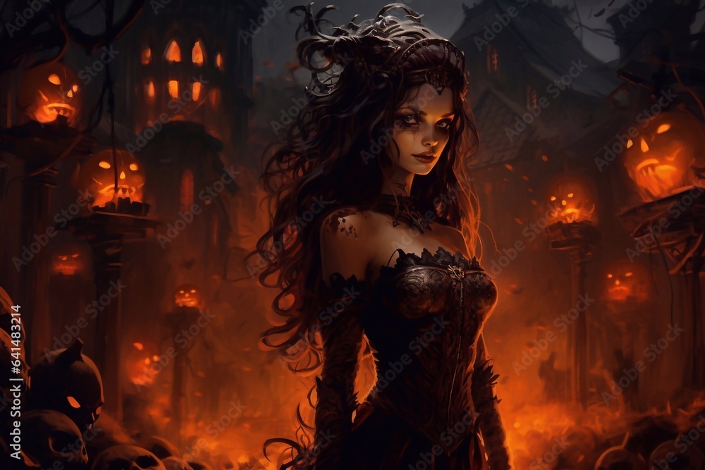 A beautiful brunette witch woman in a Halloween costume is standing in front of a haunted house