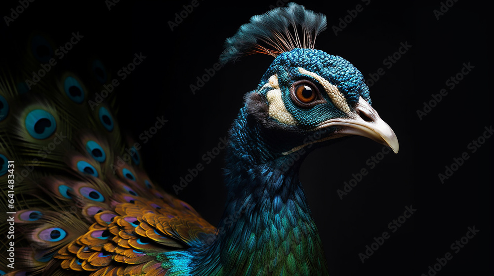 Close-up head shot of peacock with dark background generative ai Close-up head shot of peacock with dark background generative ai