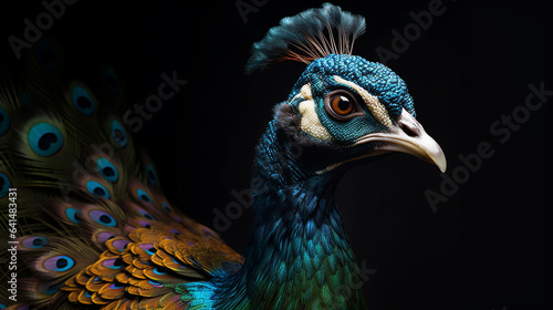 Close-up head shot of peacock with dark background generative ai