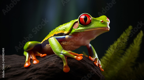 Close-up shot of red eye tree frog with dark background generative ai © TilluArt