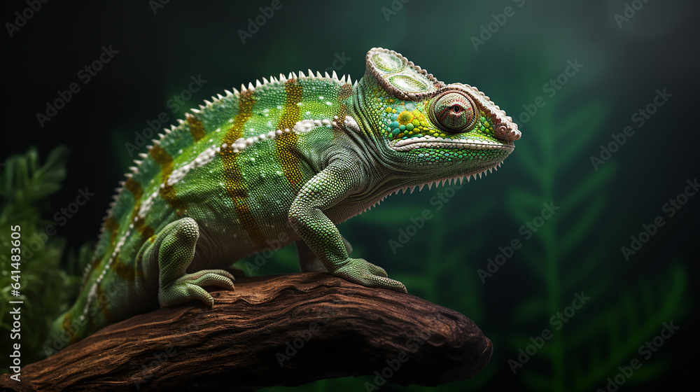 Obraz premium Close-up head shot of cameleon with nature background generative ai