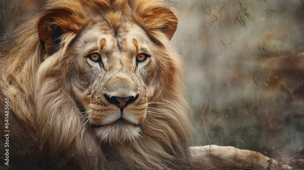 Fototapeta premium Close-up head shot of lion with matching background generative ai