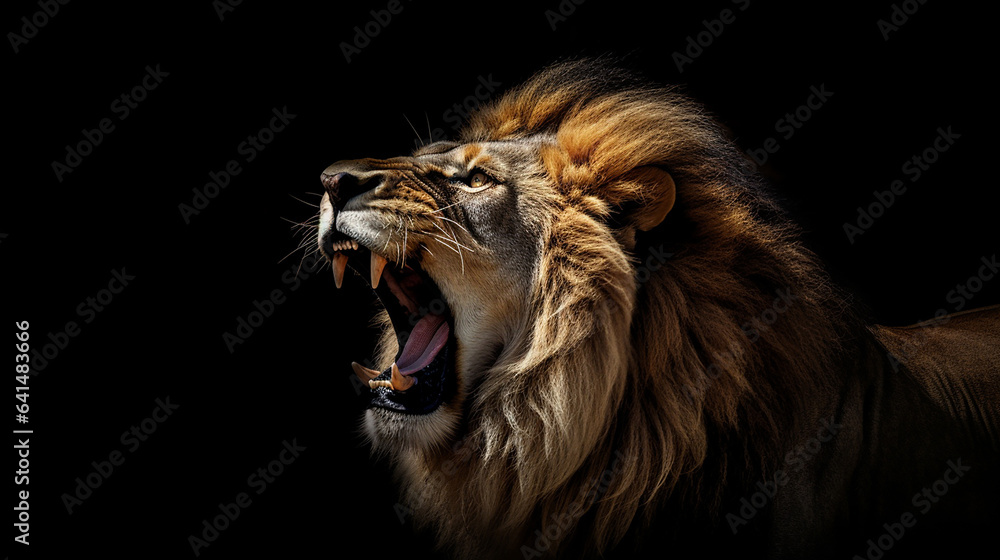 Close-up head shot of lion with dark background generative ai - obrazy, fototapety, plakaty 