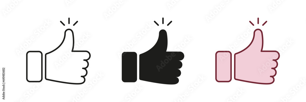 Good Choice, Like, Ok Pictogram Set. Confirm, Approve, Vote Gesture Sign. Customer Satisfaction Button for Social Media. Thumb Up Line and Silhouette Icons. Isolated Vector Illustration