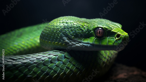Close-up head shot of green snake with dark background generative ai