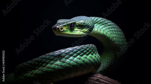 Close-up head shot of green snake with dark background generative ai © TilluArt