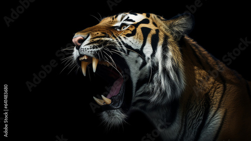 Close-up head shot of tiger with dark background generative ai