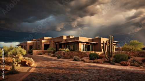 Modern adobe home with desert landscaping