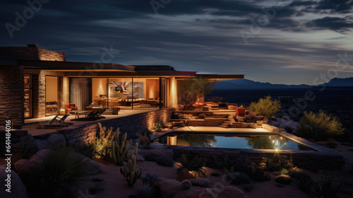 Modern desert home patio at night