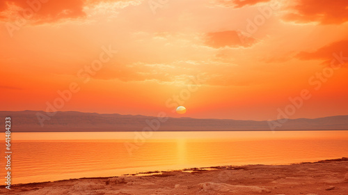 dead sea sunrise over a body of water, in the style of flickr, light red and yellow,