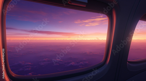 sunrise over the mountains seen from the plane, in the style of light purple and dark orange