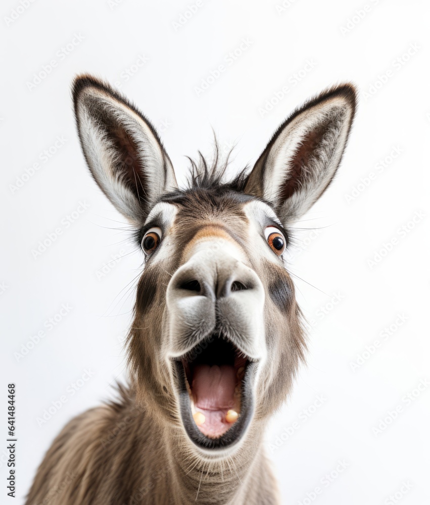 A donkey with its mouth open in a close-up shot A donkey with its mouth open in a close-up shot