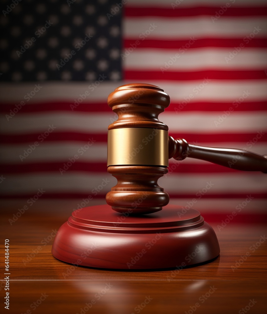 A judge's gavel on a wooden table in front of an American flag