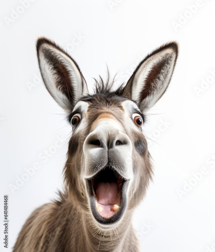 A donkey with its mouth open in a close-up shot © LUPACO IMAGES