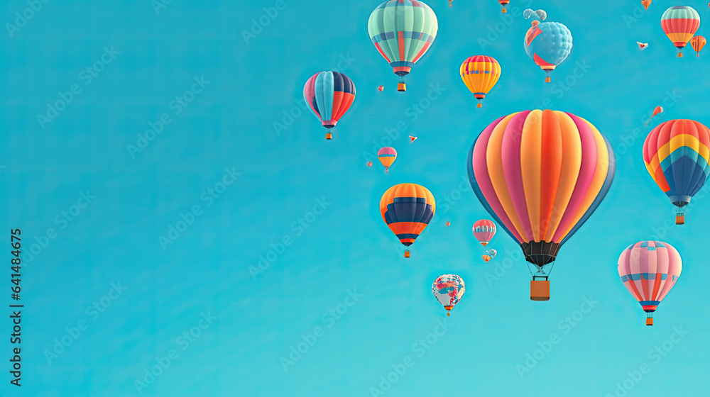 Obraz premium Hot Air Balloon Ride in blue sky white clouds background for wide banner of travel agency or adventure tour. Romance of ballooning in a good weather. Hot air balloons flies in blue sky. Copy space