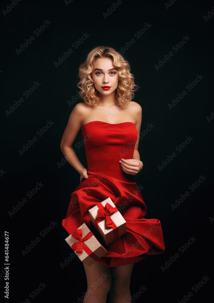 Generative AI, beautiful european curly blonde girl in a red shiny evening dress with gift boxes in a skirt on a black background, happy new year, merry christmas, celebration