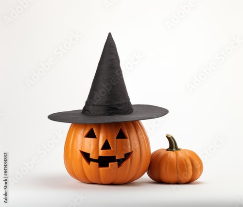 A Halloween-themed pumpkin with a witch's hat on top