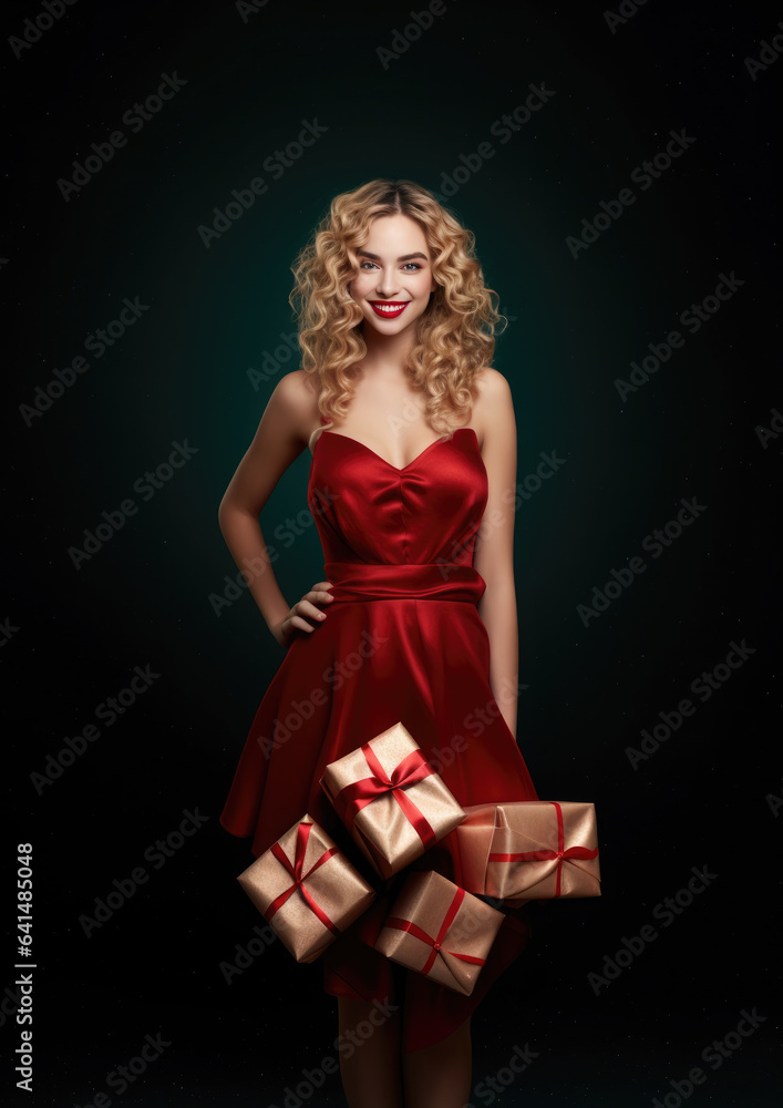 Generative AI, beautiful european curly blonde girl in a red shiny evening dress with gift boxes in a skirt on a black background, happy new year, merry christmas, celebration Generative AI, beautiful european curly blonde girl in a red shiny evening dress with gift boxes in a skirt on a black background, happy new year, merry christmas, celebration
